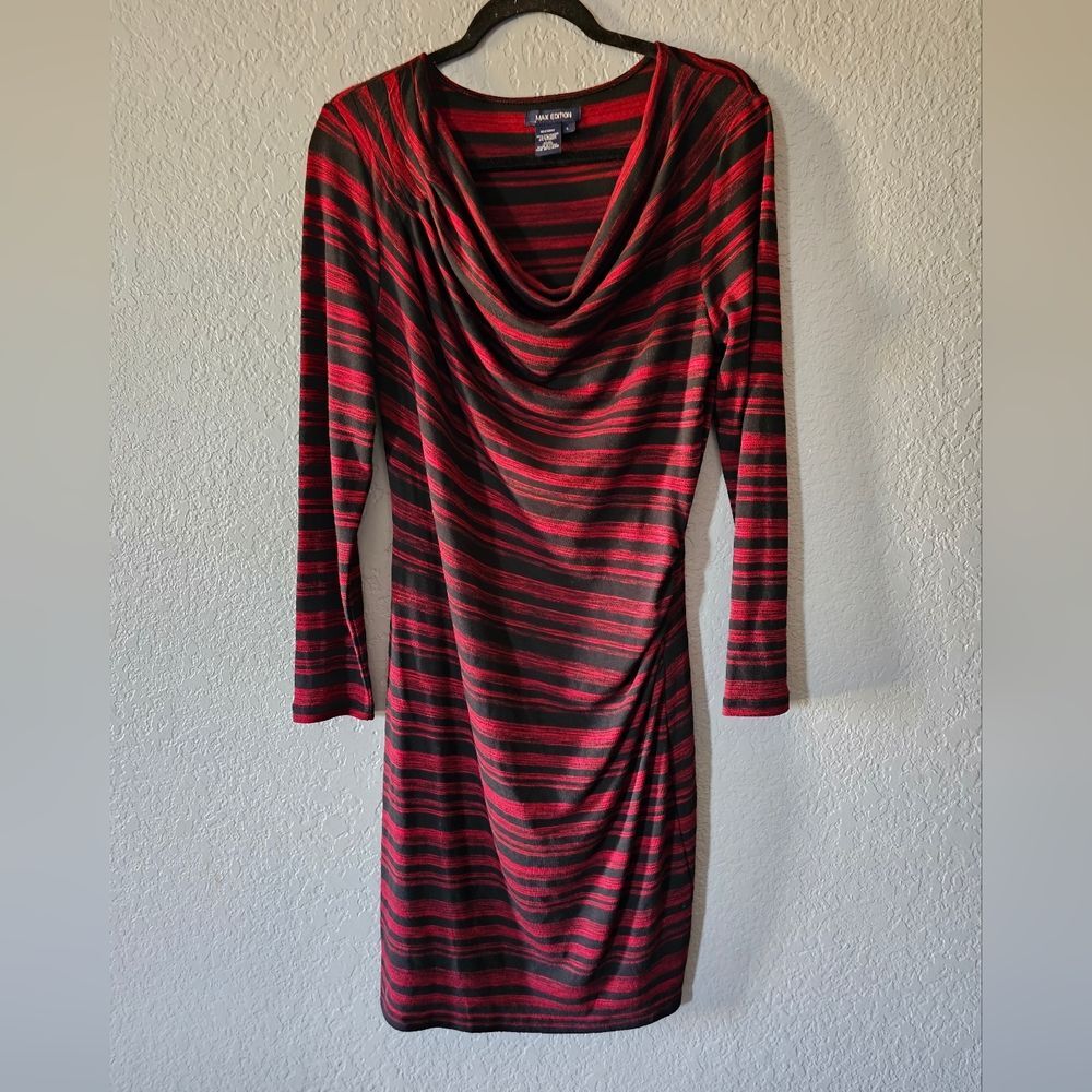 Max Edition Red and Black Striped Draped Cowl-Neck Dress Size L